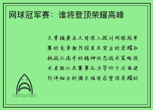 网球冠军赛：谁将登顶荣耀高峰